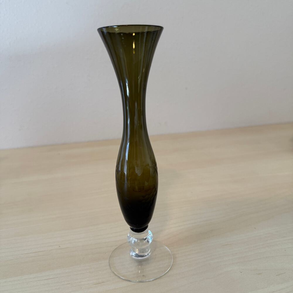Vtg Green Art Glass Bud Vase Clear Footed Trumpet Shape